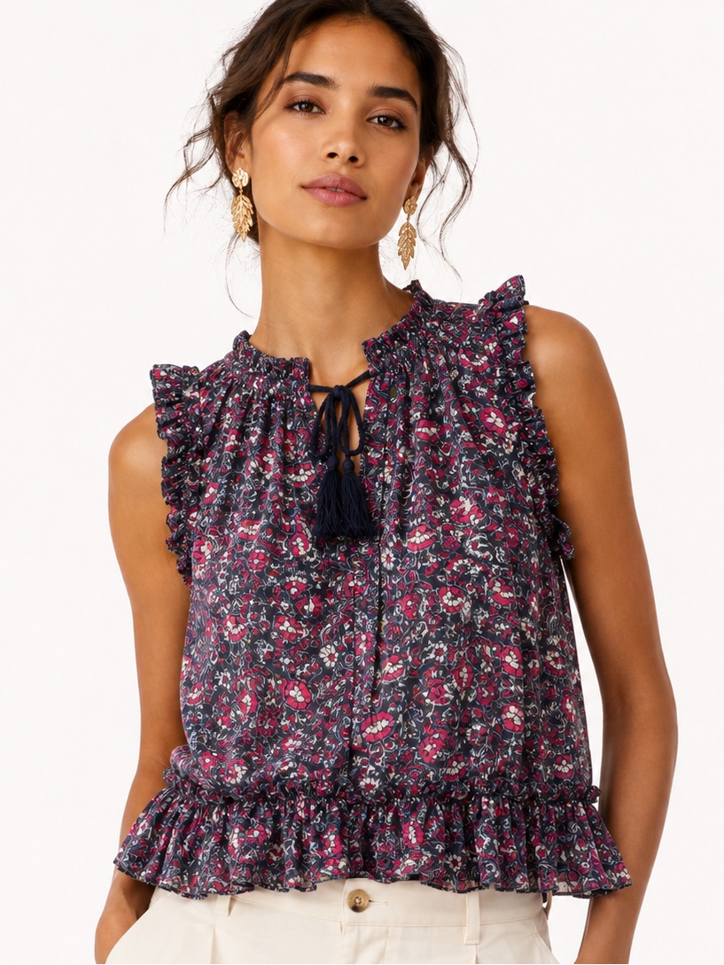 Ulla Johnson Navy And Pink Silk Floral Ruffle Tank, Size 2